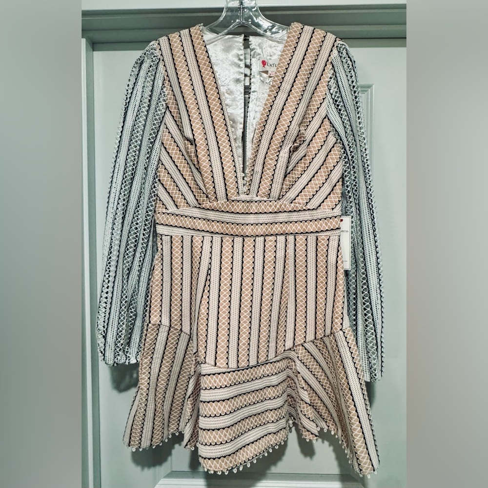 L'ATISTE Nude and Black Striped Long Sleeve Mini‎ Flounce Hem Dress NWT